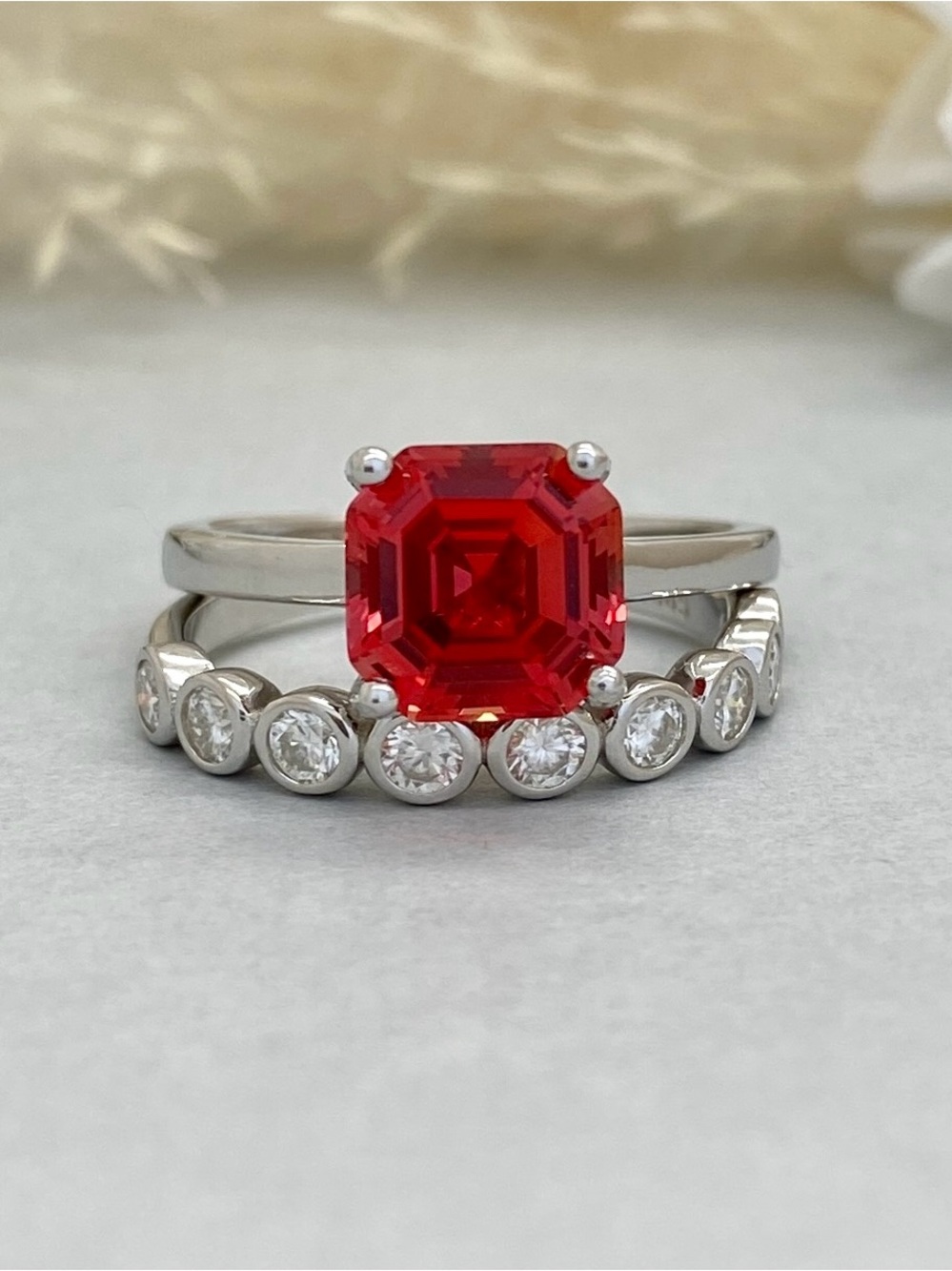 Asscher Cut Red Lotus Sapphire Round Moissanite 2pc Sterling Silver Ring Set
